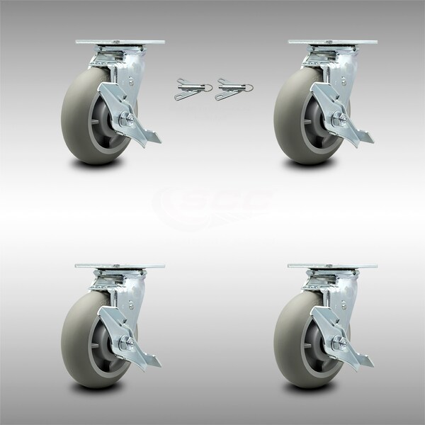 Service Caster 6 Inch SS Thermoplastic Caster Set with Roller Bearing 4 Brake 2 Swivel Lock SCC SCC-SS30S620-TPRRD-TLB-BSL-2-TLB-2 - main